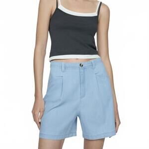 Mango Pleated Straight Mid-Rise Denim Shorts Chambray Blue NWT Size Large